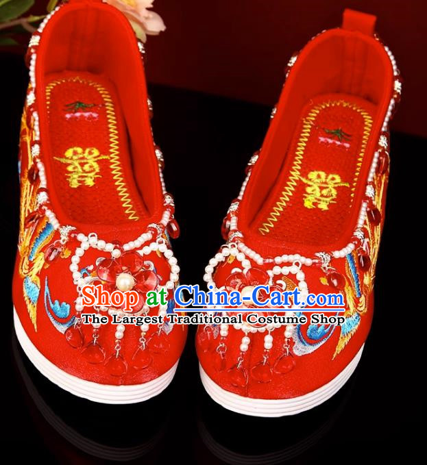 Red Hanfu Shoes Embroidery Inner Increase Original Pearl Chinese Style Xiuhe Shoes Ancient Costume