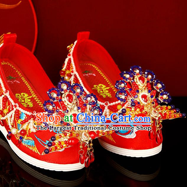 Wedding Shoes Female Bride Phoenix Chinese Style Heavy Industry Beaded Red Embroidered Shoes Pearls