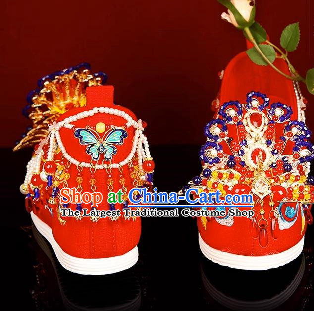 Wedding Shoes Female Bride Phoenix Chinese Style Heavy Industry Beaded Red Embroidered Shoes Pearls