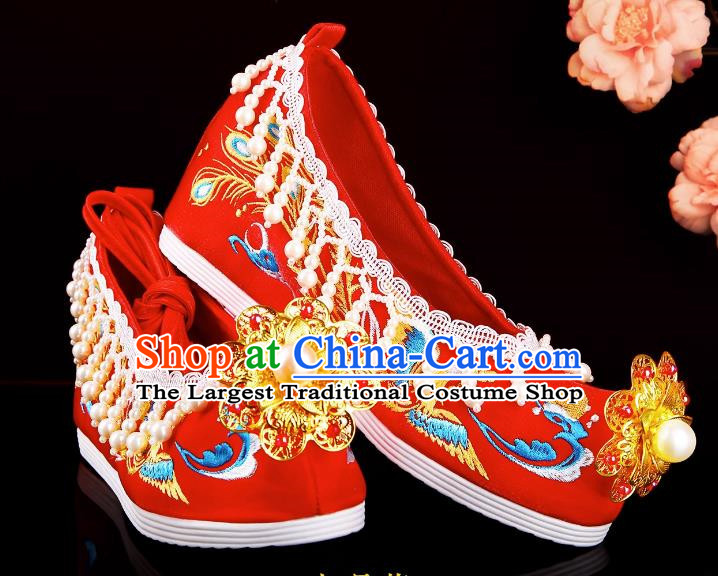 Chinese Wedding Shoes Hanfu Wedding Xiuhe Clothing With Shoes Pearl Tassel Embroidery