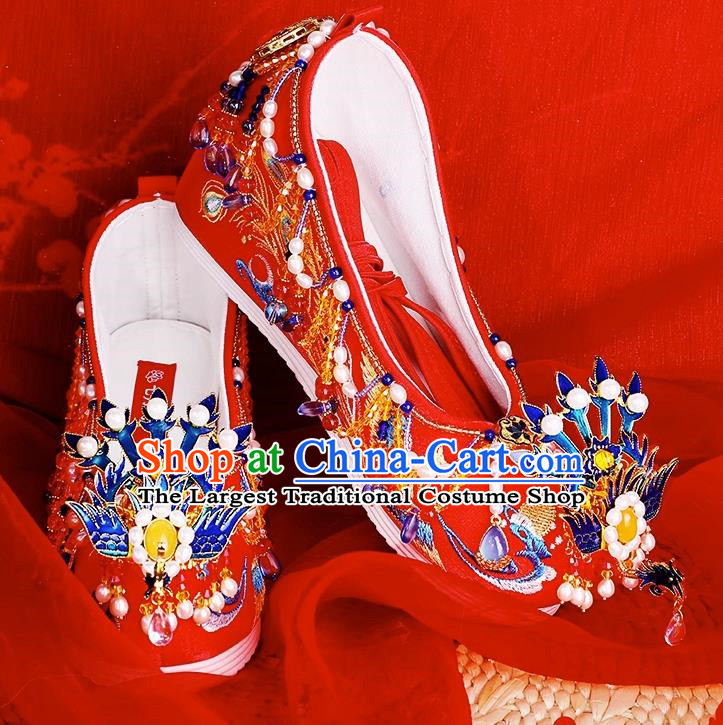 Agate Freshwater Pearl Chinese Style Xiuhe Wedding Shoes Women Embroidered Shoes Red