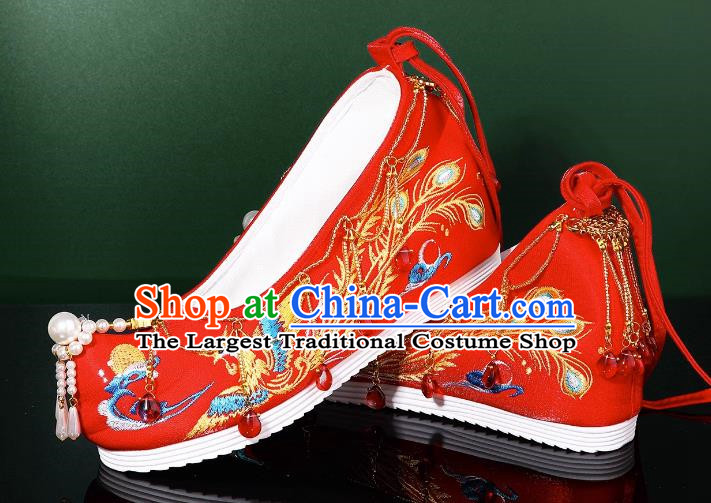 Hanfu Wedding Shoes Women Bow Shoes Xiuhe Shoes Are Red Beaded Tassel Chinese Wedding Shoes Embroidered Phoenix