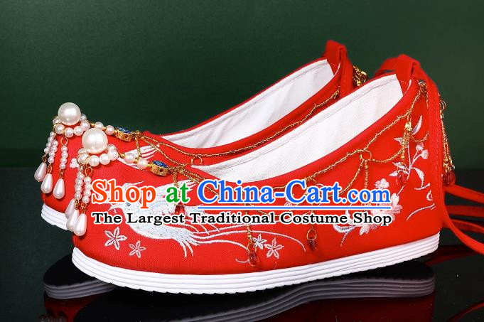 Hanfu Wedding Shoes Women Bow Shoes Xiuhe Shoes Are Red Beaded Tassel Chinese Wedding Shoes Embroidery