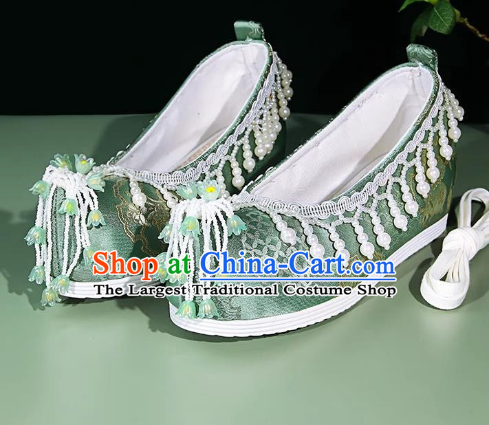 Hanfu Shoes Women Ancient Style Weaving Golden Lily Of The Valley Flower Pearl Tassel Green Inner Height Increasing Cloth Shoes