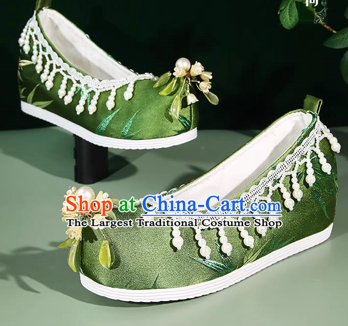 Hanfu Shoes Women Bell Orchid Bamboo Leaves Ancient Style Satin Jacquard Beaded Pearl Tassel Inner Increase