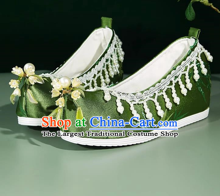 Hanfu Shoes Women Bell Orchid Bamboo Leaves Ancient Style Satin Jacquard Beaded Pearl Tassel Inner Increase