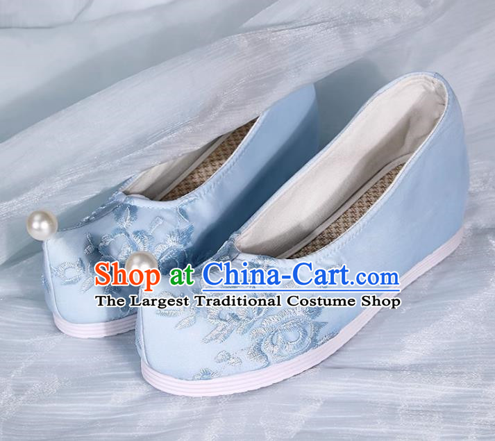 Embroidered Hanfu Shoes Light Blue Pearl Inner Height Increase