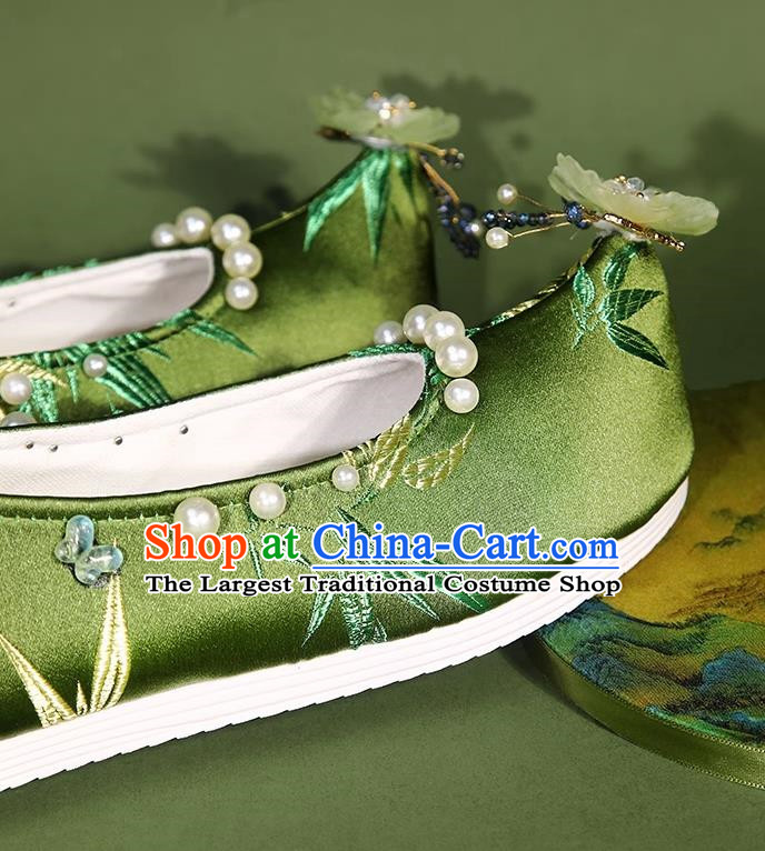 Hanfu Shoes Women Handmade Beaded Pearl Flower Ancient Cloth Shoes