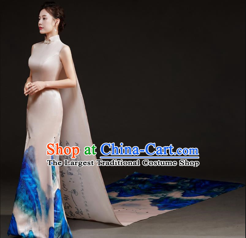 Chinese Design High End Long Tailed Performance Costume Art Test Host Fishtail Dress A Thousand Miles Of Rivers And Mountains Catwalk