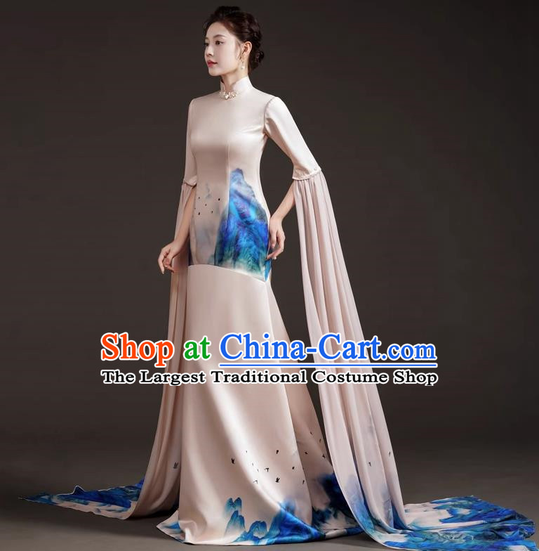 High End Small Trailing Costumes Water Sleeve Art Test Solo Guzheng Playing Dress Mermaid Model Catwalk