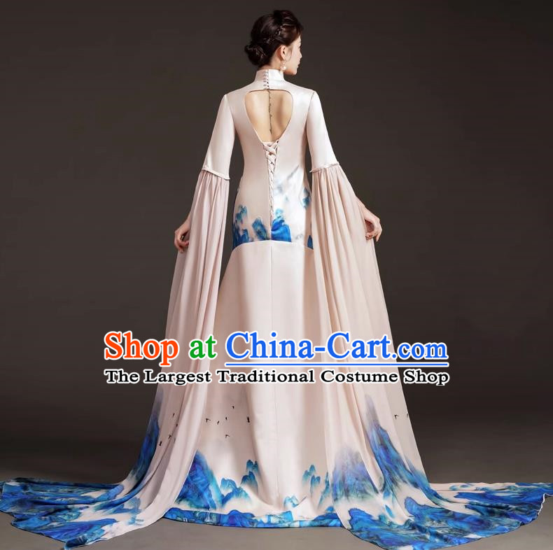 High End Small Trailing Costumes Water Sleeve Art Test Solo Guzheng Playing Dress Mermaid Model Catwalk