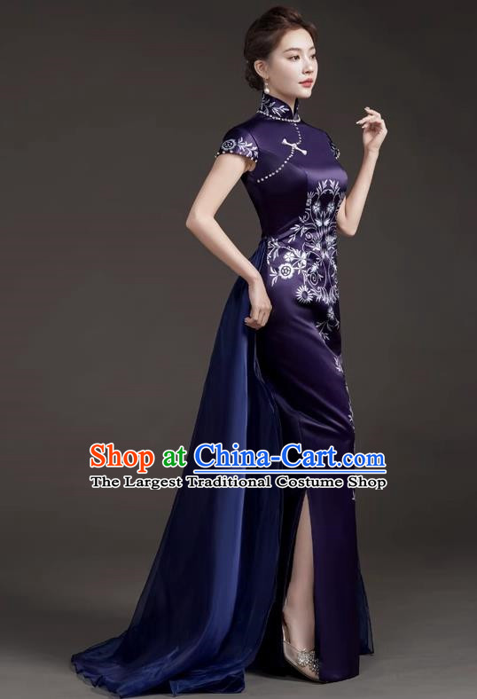 Chinese High End Improved Cheongsam Extended Model Team Catwalk Stage Folk Music Performance Clothing Printing