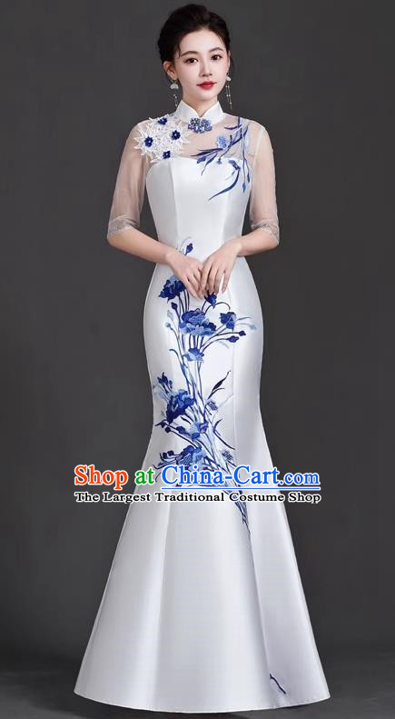 Chinese Design Cheongsam Evening Dress Elegant High End Catwalk Mermaid Retro Host Costume Blue And White Porcelain