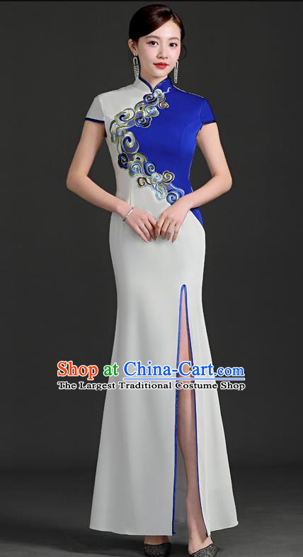 Chinese Design Improved Cheongsam Long Fishtail Slit Retro Elegant Model Group Catwalk Costume Blue And White Color Contrast