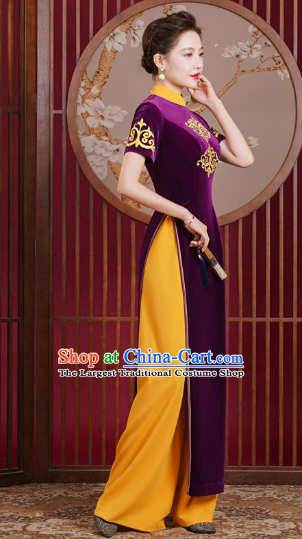 Purple Velvet Ao Dai Modified Cheongsam Dress Mother Catwalk Costume