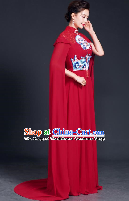 Improved Catwalk Cheongsam Long Section Chinese Red Costume Big Cape Fairy Skirt Model Choir