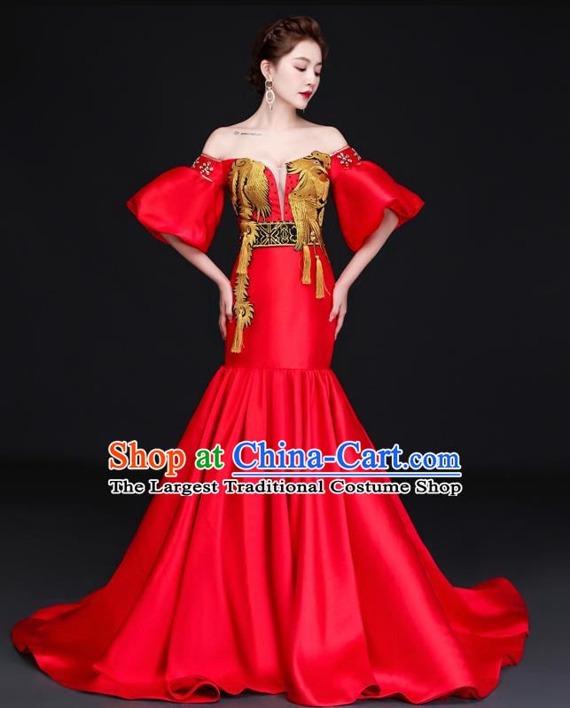 Chinese Design High End Trailing Banquet Evening Dress Long Fishtail Self Cultivation Model Catwalk Dress One Shoulder Costume