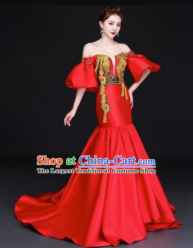 Chinese Design High End Trailing Banquet Evening Dress Long Fishtail Self Cultivation Model Catwalk Dress One Shoulder Costume