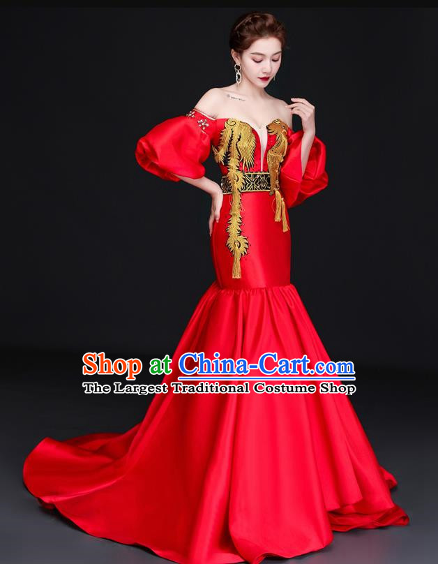 Chinese Design High End Trailing Banquet Evening Dress Long Fishtail Self Cultivation Model Catwalk Dress One Shoulder Costume