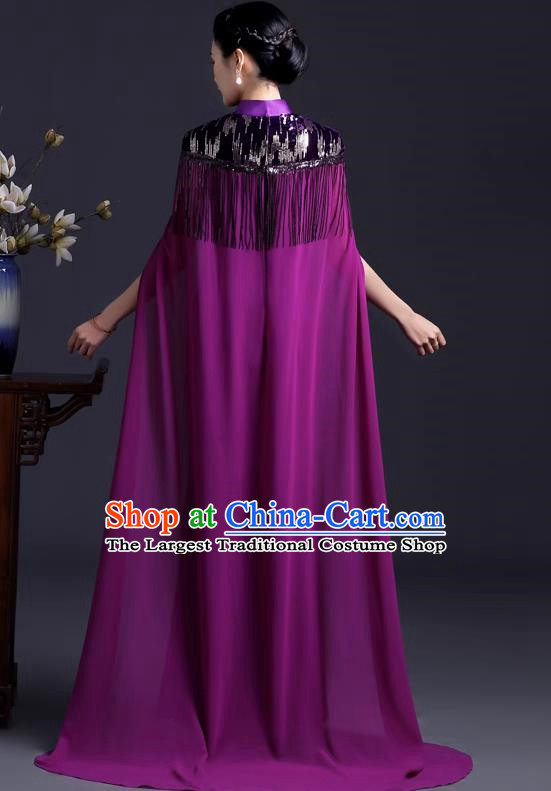 Purple Catwalk Cheongsam Temperament Mermaid Dress Chinese Design High End Stage Costume Cape