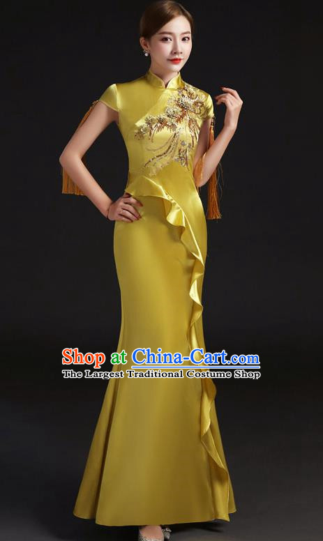 Chinese Design Improved Evening Dress Fishtail Chinese Design Stage Performance Costume Annual Meeting Host Model Catwalk Cheongsam Tassel