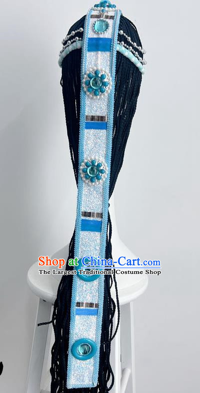 Tibetan Dance Headdress Tianyu Hair Ornament Long Debate Handmade Blue Jewelry Wig National Art Test Headdress