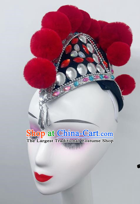 Yi Nationality Dance Headdress Red Dragonfly Taoli Cup Performance Headdress Cockscomb Hat Rooster Hat Wig Hair Play Headdress