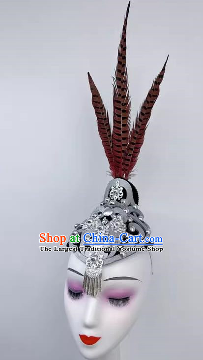 Hmong Dance Xiang Jinlin Headdress National Brocade Color Long Feather Hair Ornament Performance Performance Headdress Wig