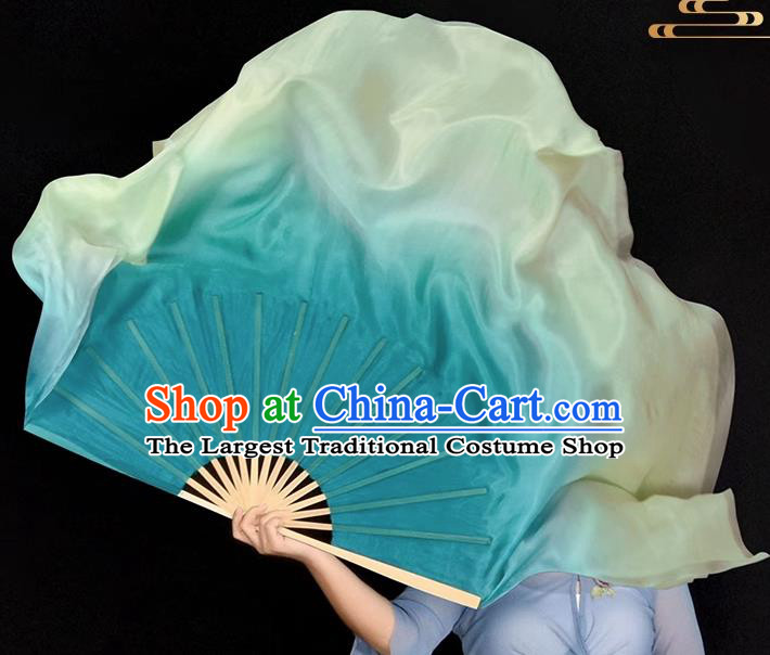 China Classical Dance Folding Fan Handmade Mint Green Pure Silk Fan Yangko Dance Competition Ribbon Fan