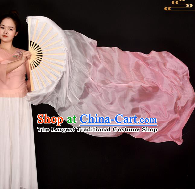 China Jiaozhou Yangko Dance Long Ribbon Fan Women Group Dance Folding Fan Handmade Gradient Pink Pure Silk Fan