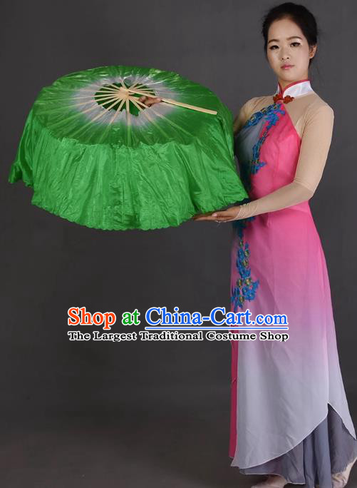 China Jiaozhou Yangko Dance Circular Fan Women Group Dancing Folding Fan Handmade Green Pure Silk Fan