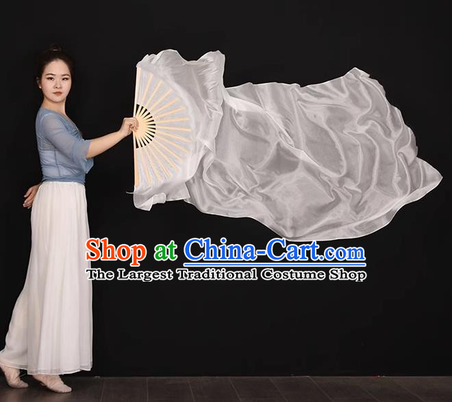 China Handmade White Pure Silk Fan Umbrella Dance Folding Fan Women Group Dancing Long Ribbon Fan
