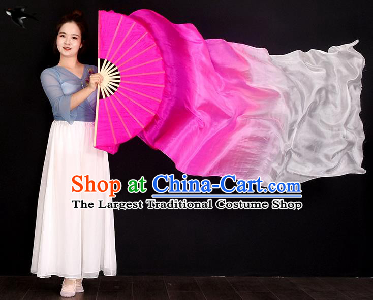 China Women Group Dance Fan Handmade Pure Silk Fan Yangko Dance Fan Classical Dance Gradient Pink Long Ribbon Fan