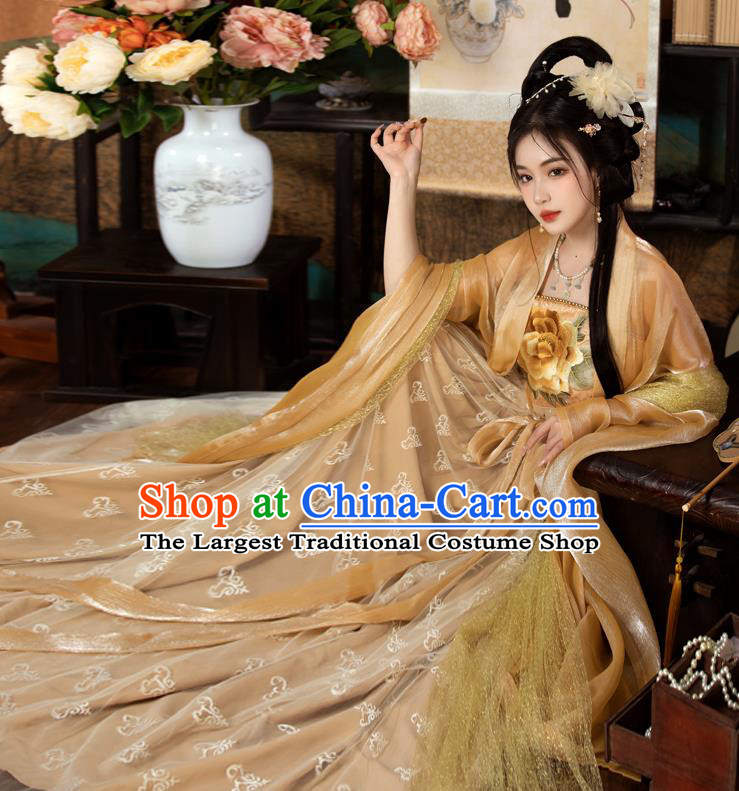 China Ancient Magnificent Concubine Yang Costumes Traditional Golden Hanfu Tang Dynasty Empress Embroidered Clothing