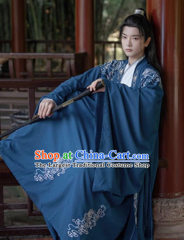 China Ancient Swordsman Embroidered Costumes Male Deep Blue Hanfu Jin Dynasty Young Childe Clothing