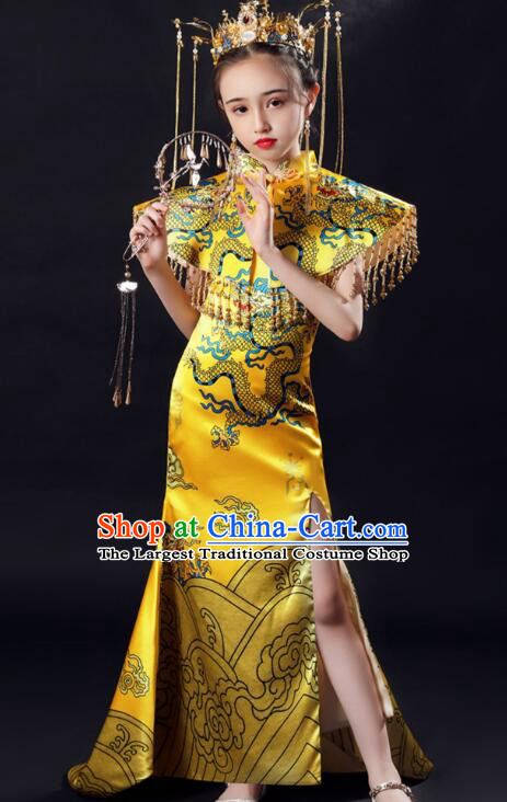 Professional Model Contest Golden Dress Qipao China Girl Stage Show Costume Top Children Catwalks Clothing