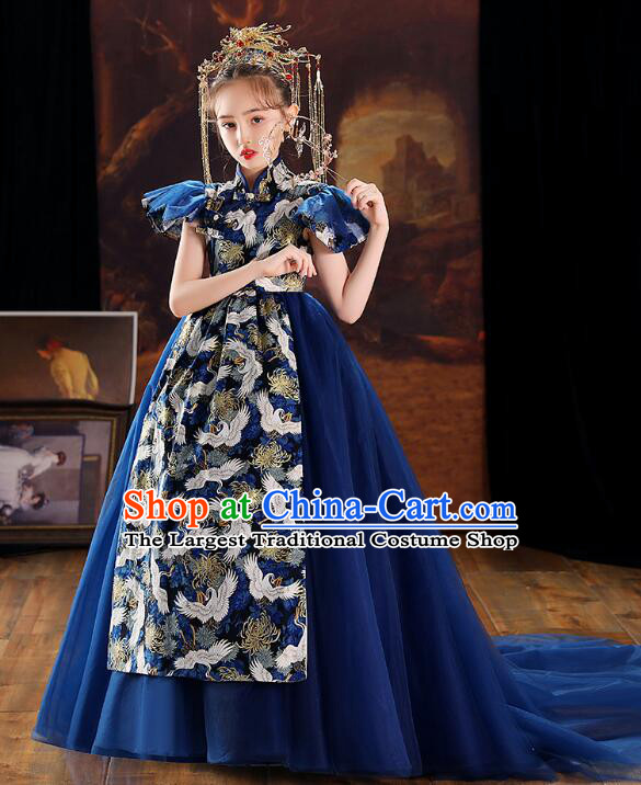 China Stage Show Costume Top Children Catwalks Clothing Professional Model Contest Dark Blue Dress Princess Fashion