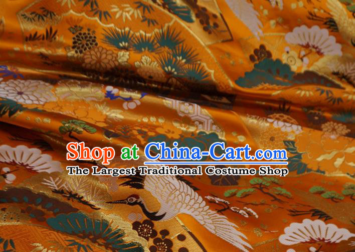 Orange Japanese Kimono Drapery Traditional Brocade Fabric Classical Crane Pattern Design Nishijin Cloth