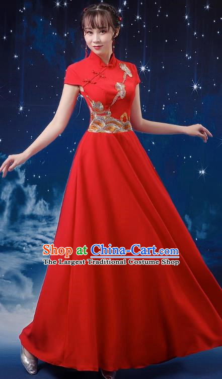 Red Choir Performance Clothing Women Long Skirt Conductor Dress Poetry Recitation Stage Performance Clothing