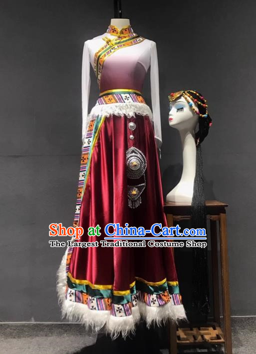 Stage Performance Tibetan Dance Clothing Chinese Minority Class Practice Art Test Mid Length Skirt