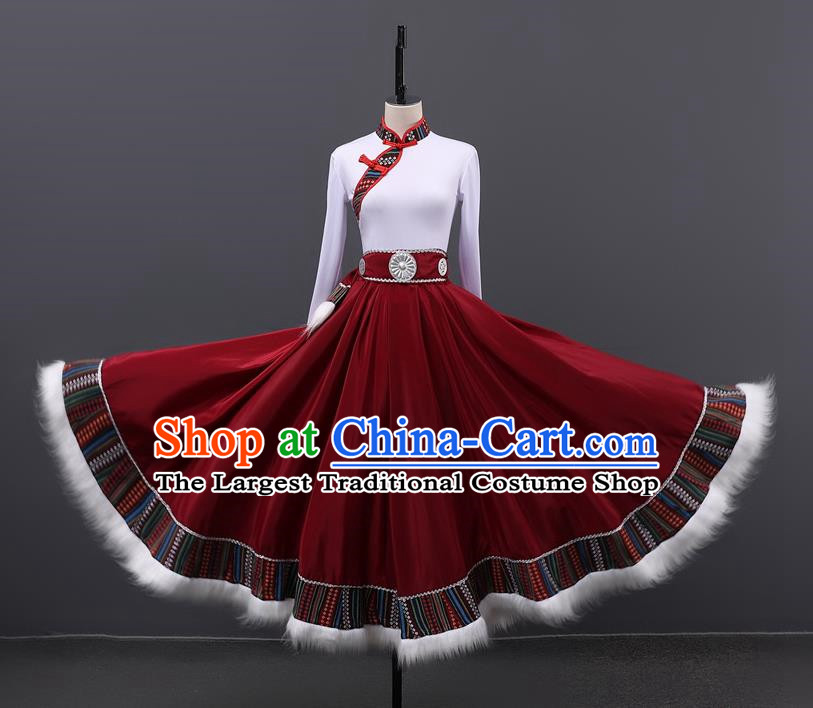 Stage Performance Tibetan Dance Clothing Chinese Minority Class Practice Art Test Mid Length Skirt