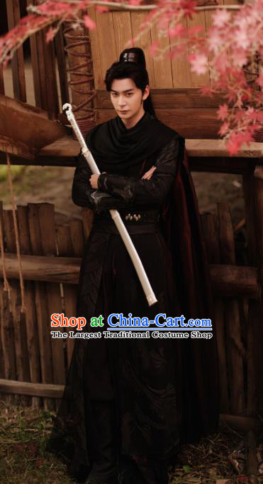 Chinese Ancient Young Warrior Black Outfit Xian Xia Drama The Starry Love Hero La Mu Garment Costumes