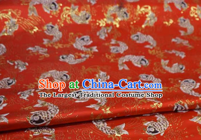 Red Chinese Classical Carps Pattern Material Traditional Design Brocade Fabric New Year Costume Cloth