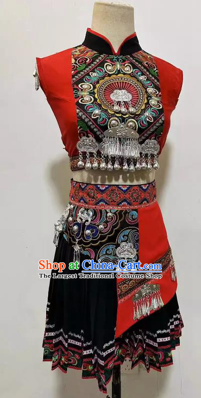 Professional Stage Performance Costume China Miao Nationality Red Outfit Ethnic Women Group Dancing Clothing