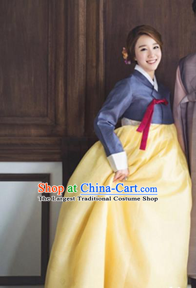 Korean Ancient Bride Clothing Handmade Traditional Costumes Court Hanbok Navy Top and Yellow Dress Complete Set