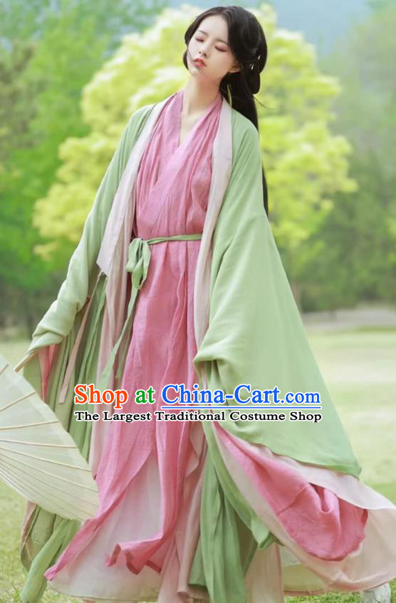 China Southern and Northern Dynasties Court Princess Costumes Ancient Young Woman Clothing Traditional Hanfu Green and Pink Dresses