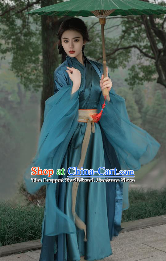 China Traditional Hanfu Dark Green Dresses Southern and Northern Dynasties Young Woman Costumes Ancient Female Swordsman Clothing