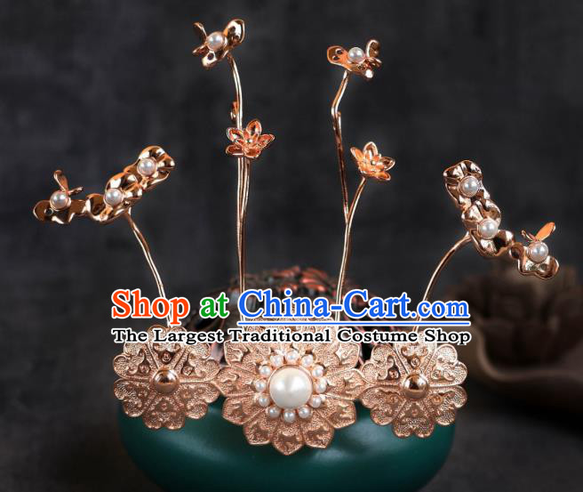 China Ancient Empress Golden Hair Crown Tang Dynasty Court Woman Pearl Lotus Leaf Hair Jewelry Handmade Hanfu Headpiece