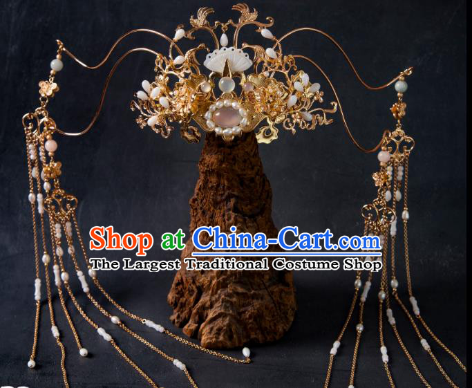 China Handmade Hanfu Headpieces Ancient Fairy Tassel Hairpins and Crown Tang Dynasty Court Woman Hair Jewelries