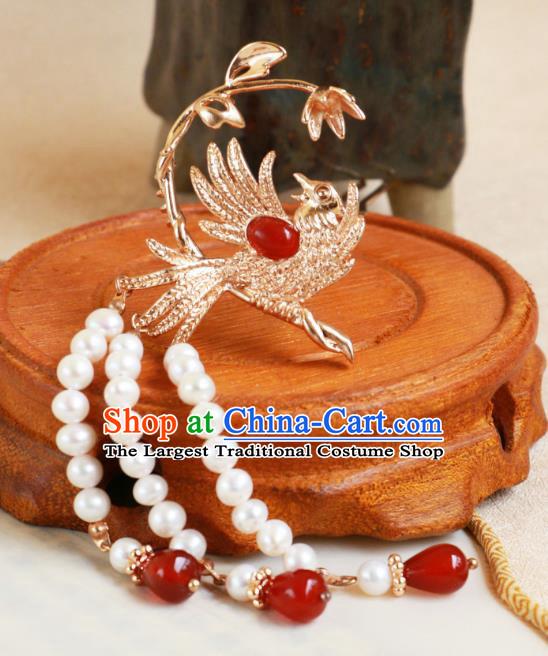 China Handmade Hanfu Golden Hair Stick Ancient Empress Phoenix Hairpin Ming Dynasty Noble Woman Hair Jewelry